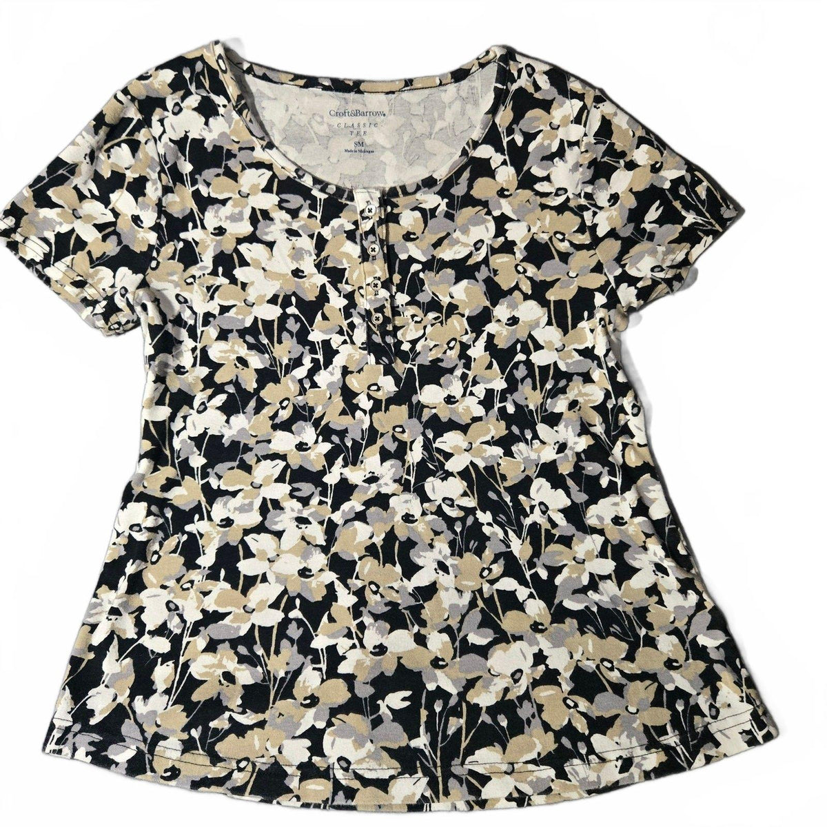 Croft & Barrow Classic Women's Floral Print Black Tee, Size Small, Very Good
