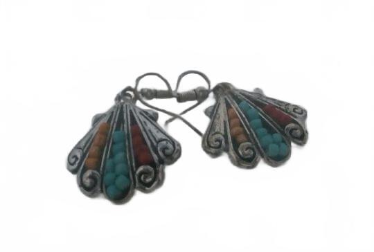 Vintage Tribal Dangle Earrings, Alpaca Silver Boho Shell Inlay Turquoise Coral