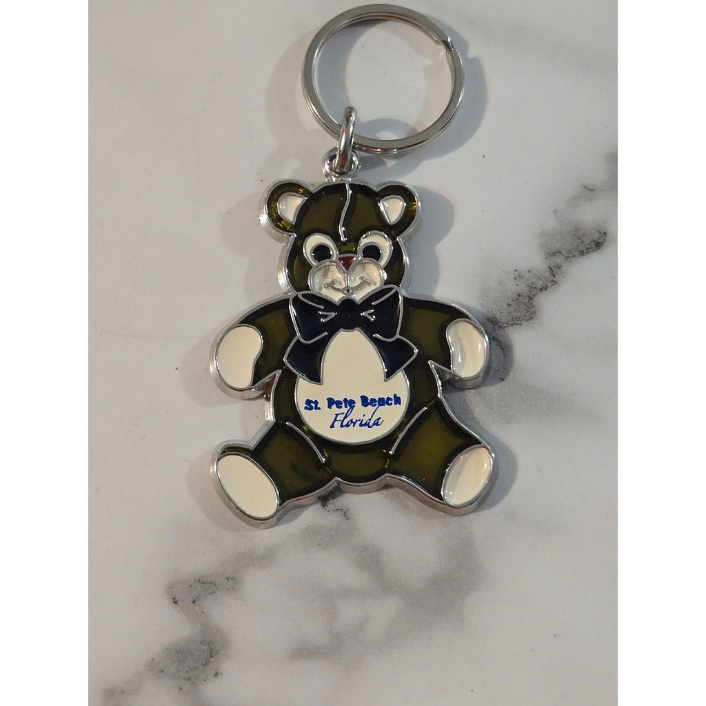 Vintage St. Pete Beach Florida Enamel Teddy Bear Souvenir Keychain