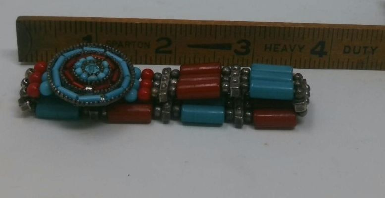 Vintage Native American Seed Bead Bracelet, Turquoise Coral Dreamcatcher Cuff
