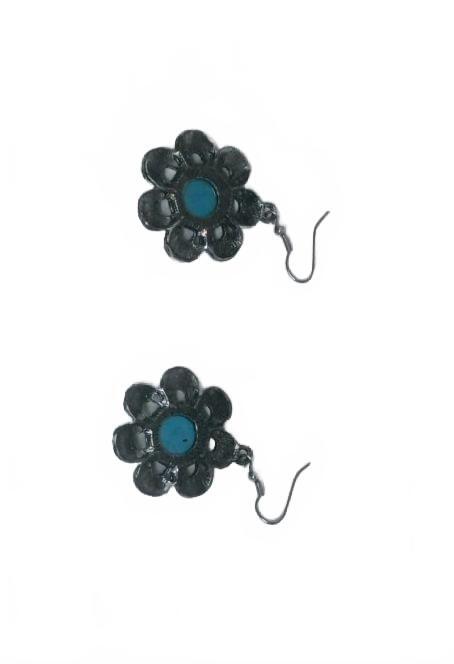 Vintage Silver Flower Drop Earrings, Teal Turquoise Cabochon Boho Floral Dangle