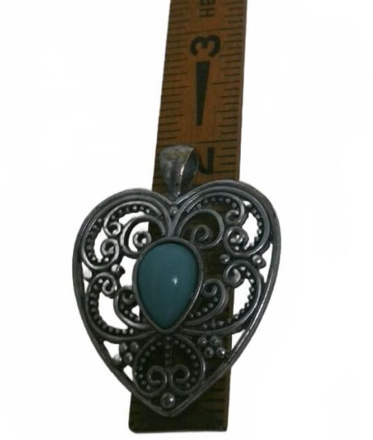 Vintage Silver Filigree Heart Pendant, Teal Turquoise Cabochon Boho Statement