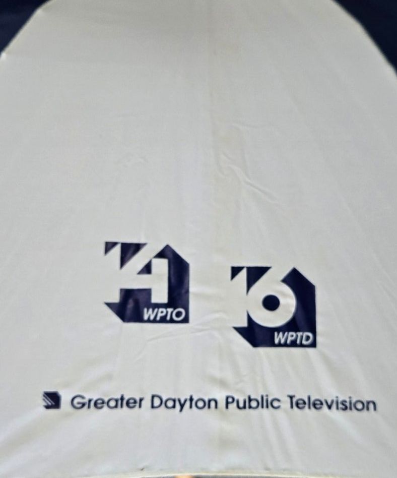 Blue and white logo umbrella with wood handle WPTO 14 and WPTD 16