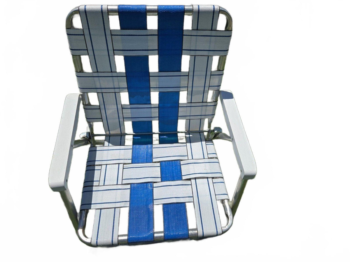 Vintage Aluminum Webbed Lawn Chair Folding Blue White Sunbeam PSU