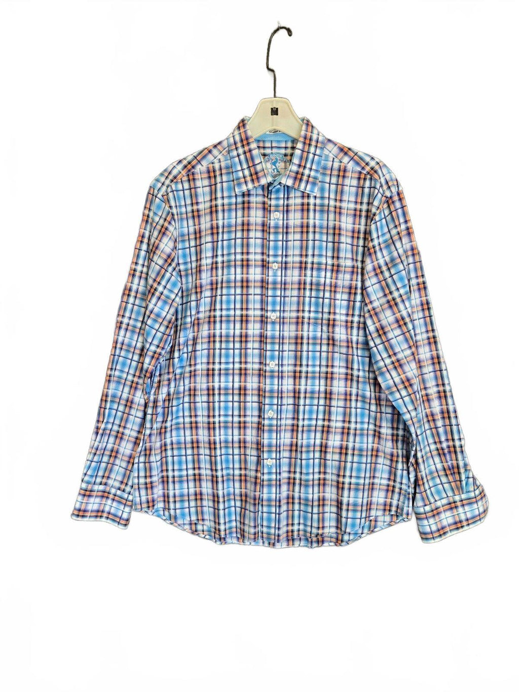Bugatchi Uomo Mens Long Sleeve Plaid Sport Shirt Blue Orange White Flip Cuff Lrg