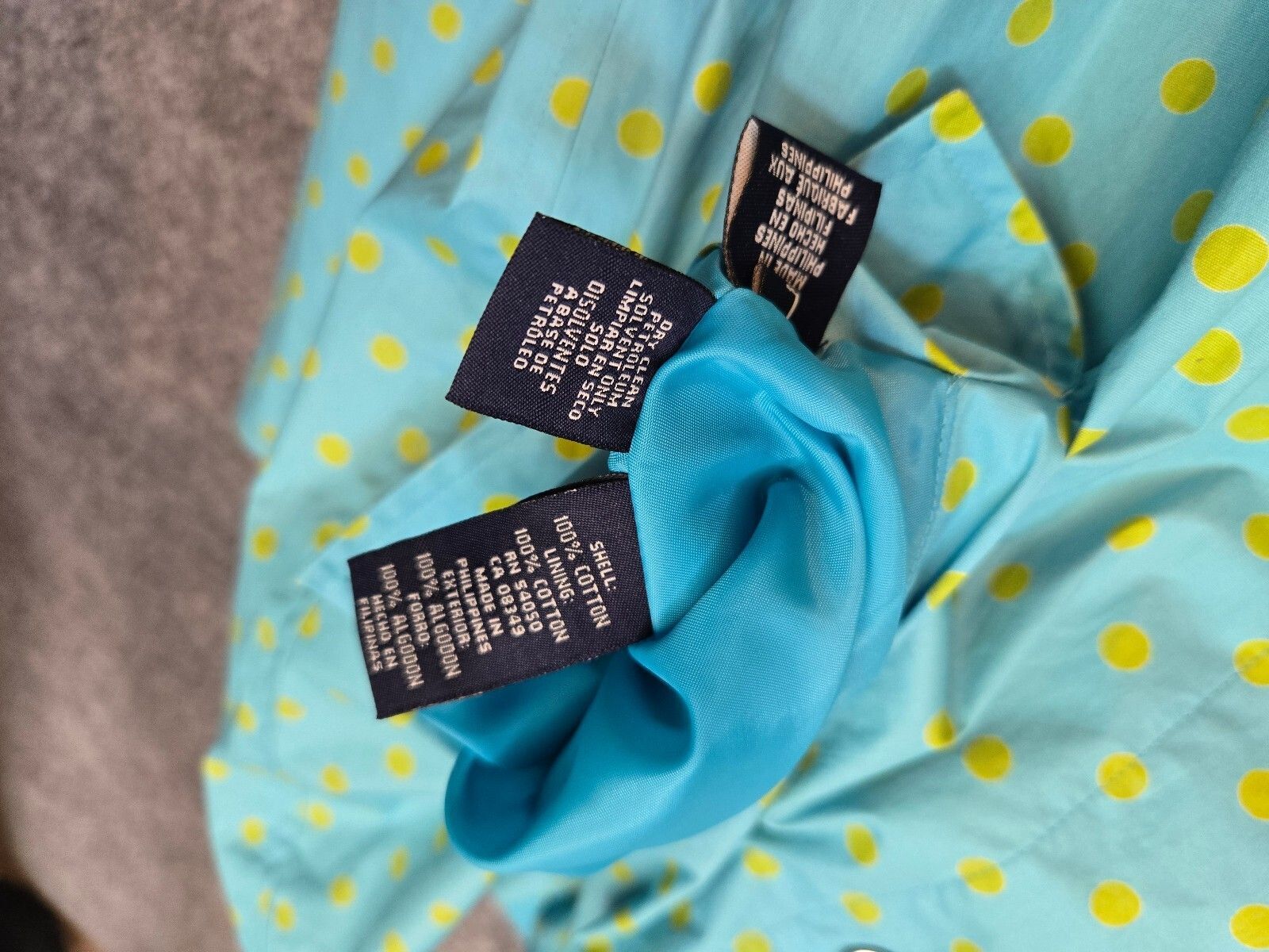 Jones New York Signature Polka Dot Raincoat Aqua Blue Yellow Snap Front Jacket L