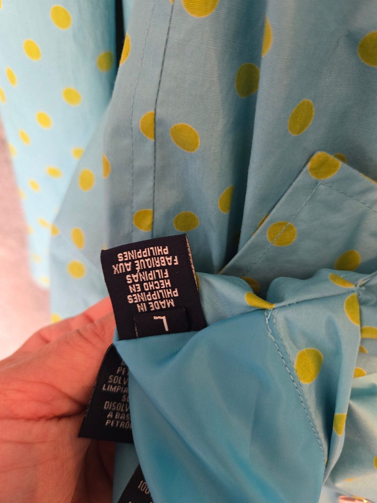 Jones New York Signature Polka Dot Raincoat Aqua Blue Yellow Snap Front Jacket L