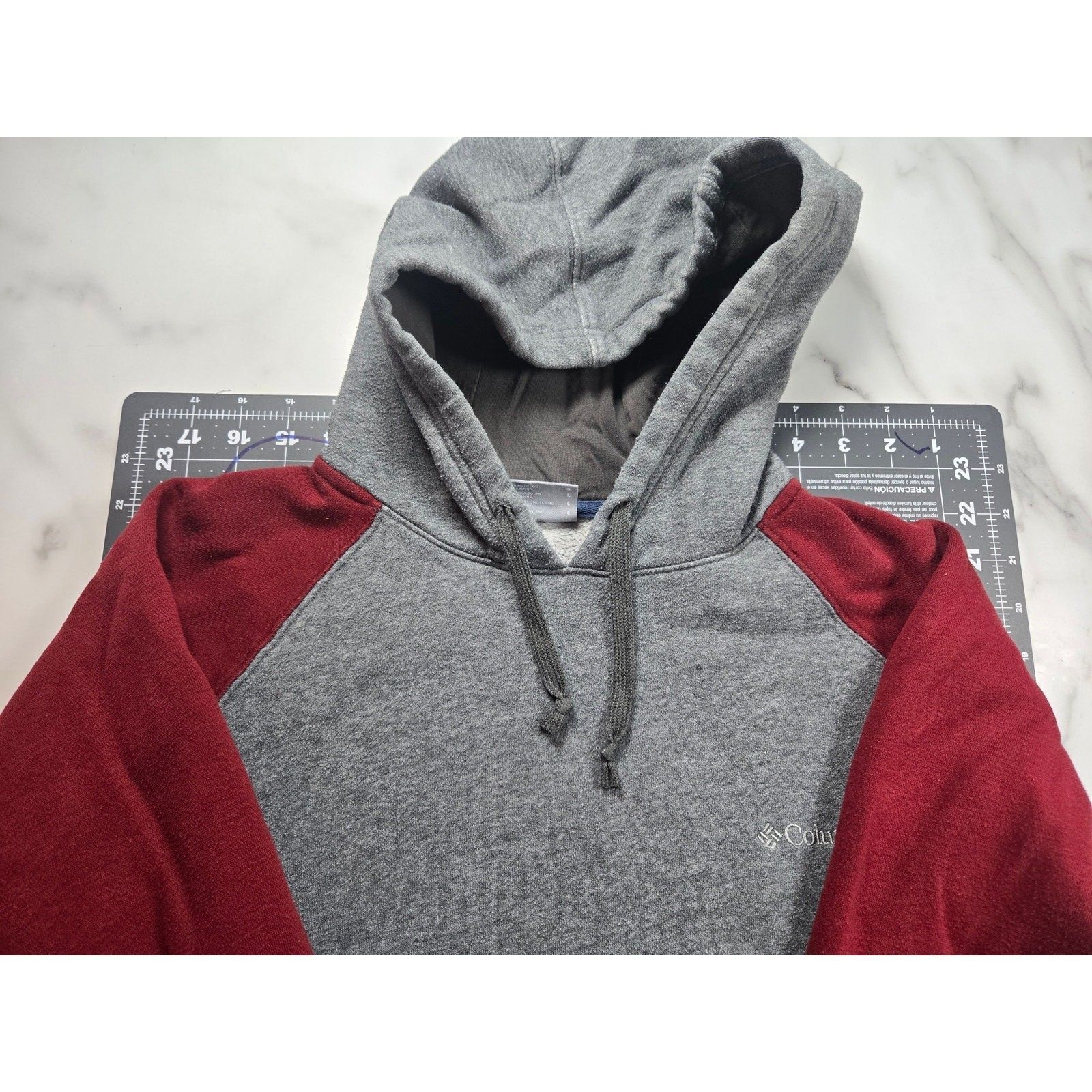 Columbia Men Hoodie Size Large Gray Maroon Pullover Raglan Fleece Sweatshirt