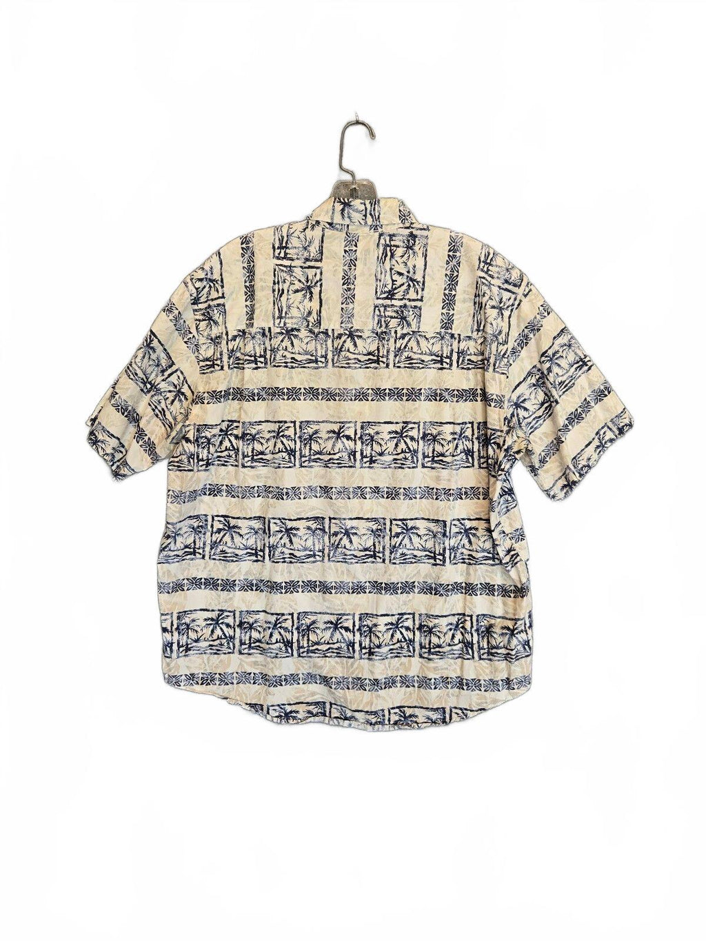 Crossings Men's Hawaiian Shirt Short Sleeve Palm Tree Block Print Blue Beige Lrg