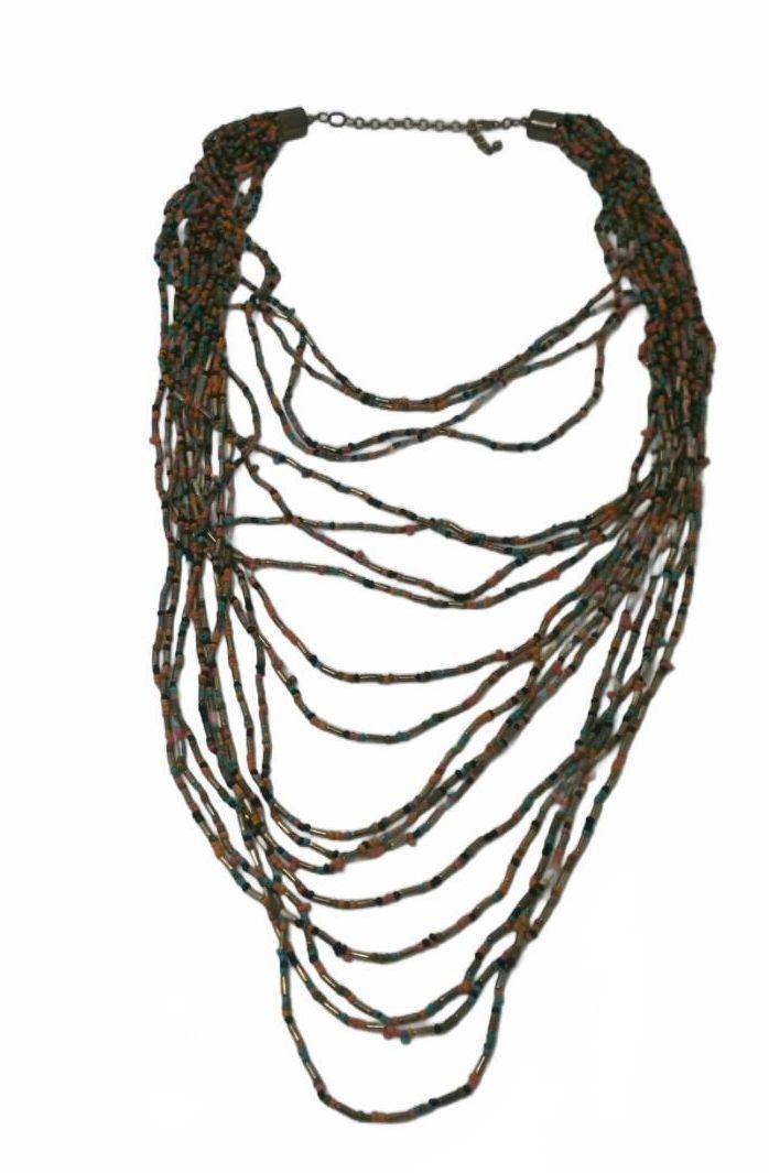 Vintage Multi Strand Seed Bead Layered Necklace, Orange Black Bohemian Waterfall