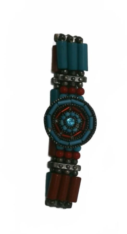 Vintage Native American Seed Bead Bracelet, Turquoise Coral Dreamcatcher Cuff