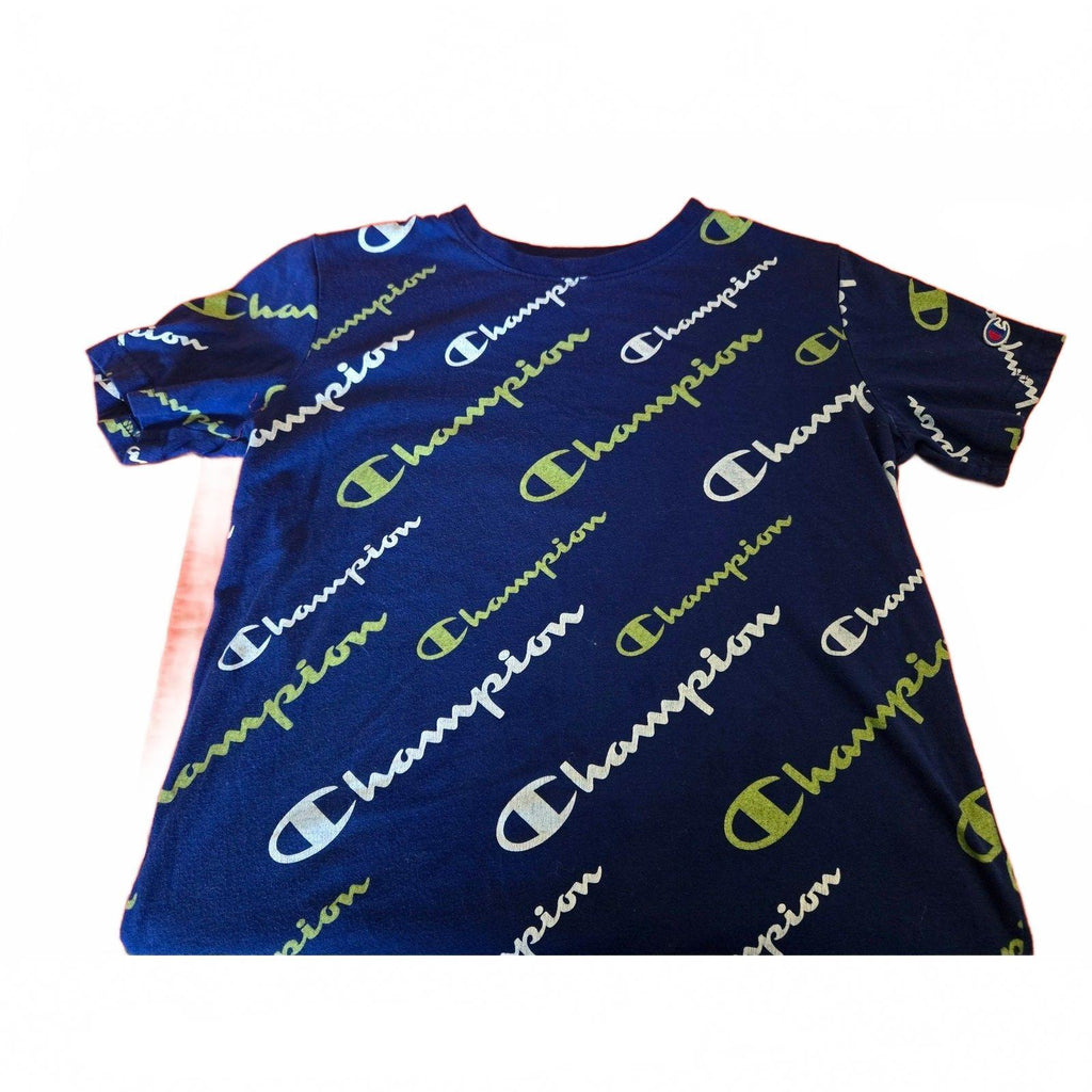 Champion Boys' Blue All-Over Logo T-Shirt, Size Large, Very Good Condition