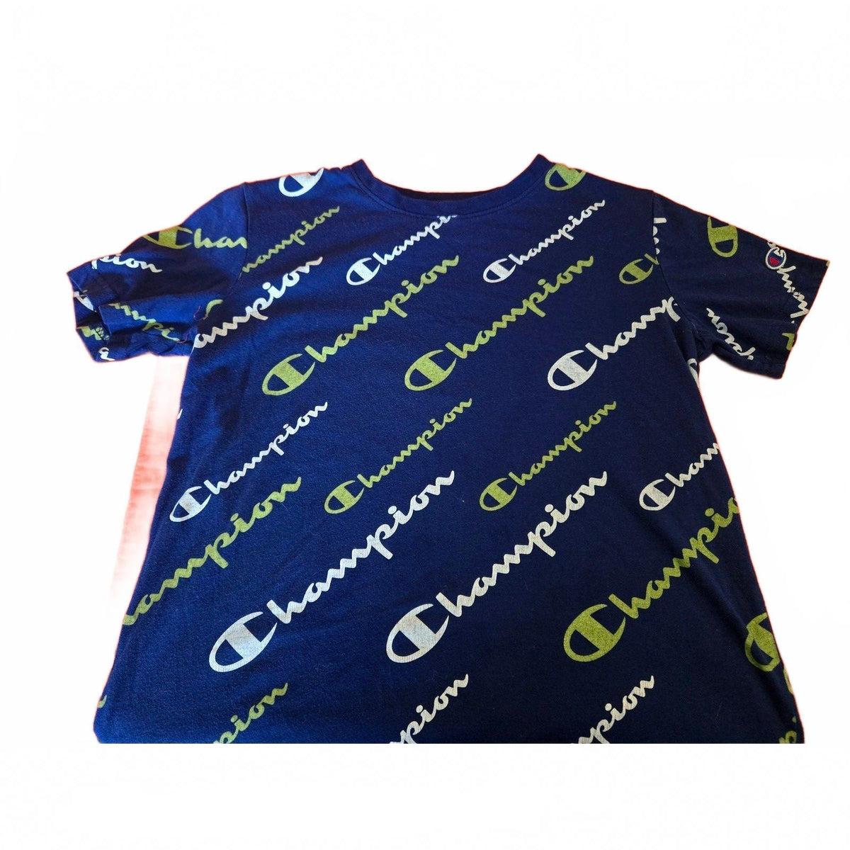 Champion Boys' Blue All-Over Logo T-Shirt, Size Large, Very Good Condition
