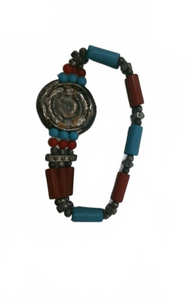 Vintage Native American Seed Bead Bracelet, Turquoise Coral Dreamcatcher Cuff