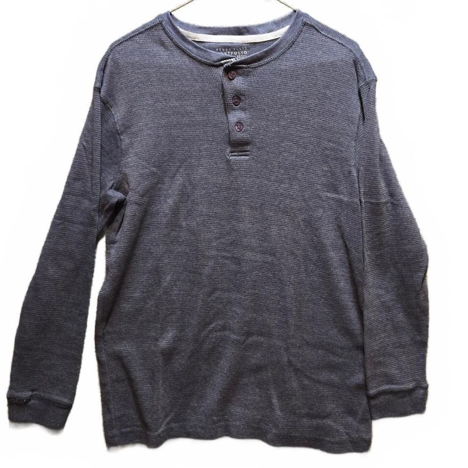 Perry Ellis Portfolio Men's Heather Charcoal Gray Waffle Knit Thermal Henley, M