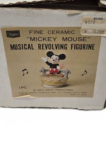Schmid Mickey Mouse "Waving with Bouquet" Ceramic Musical Revolving Figurine NOS